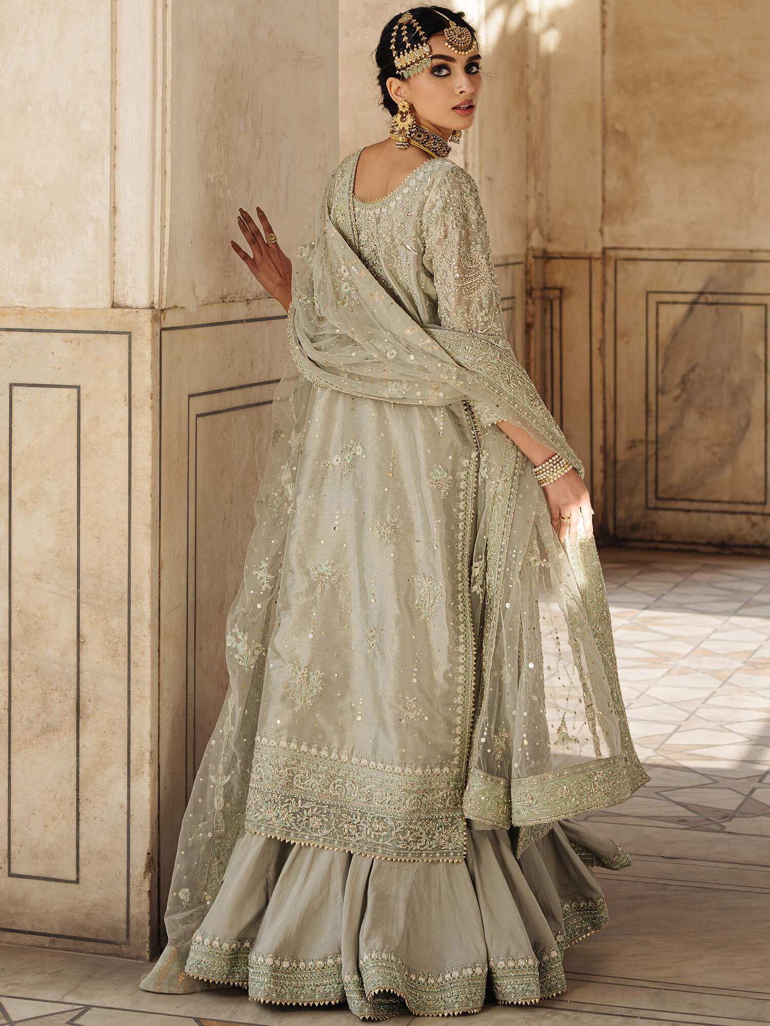 Pakistani Pistachio Zardozi Tissue Sharara (3-Piece) - Image 4