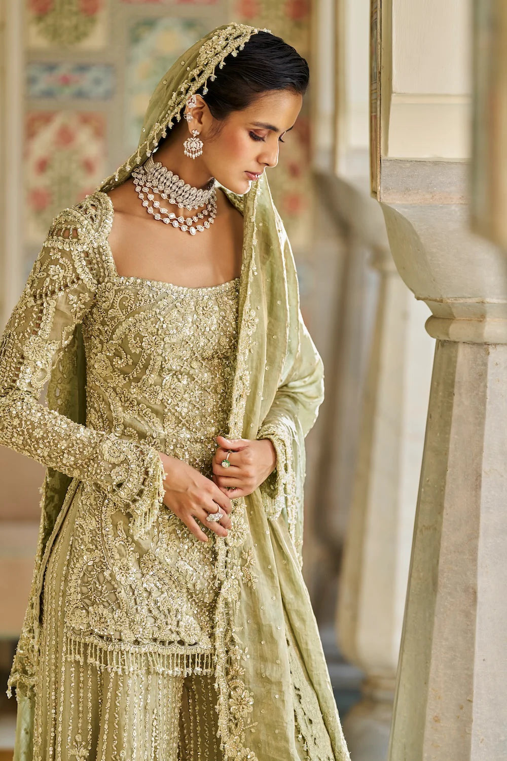 Indian Sage Green Embroidered Tissue Silk Sharara (3-Piece) - Image 3