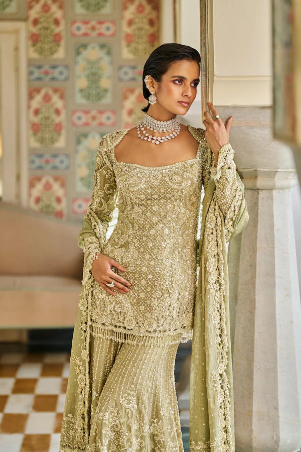 Indian Sage Green Embroidered Tissue Silk Sharara (3-Piece) - Image 6