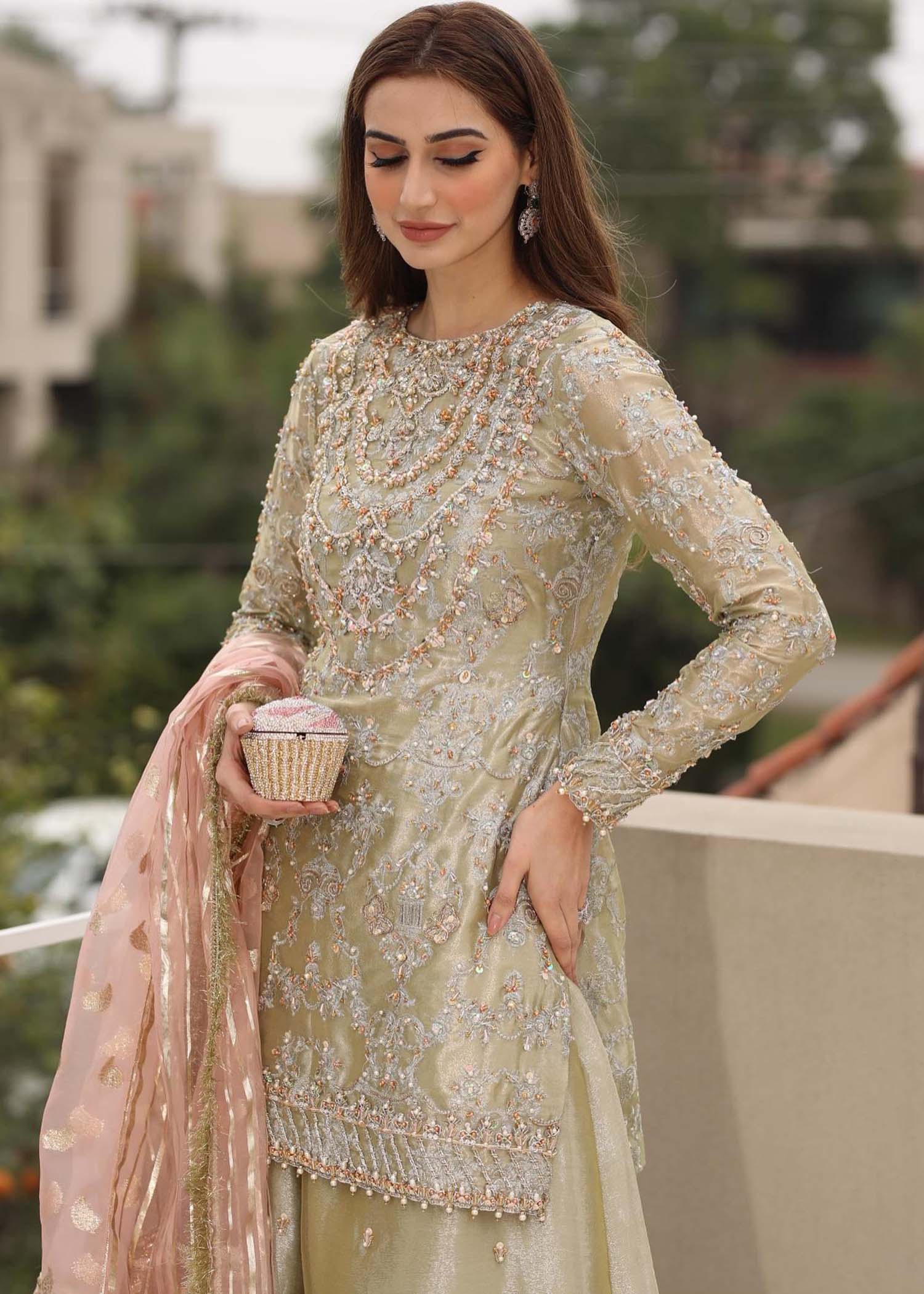 Pistachio Green Embellished Tissue Sharara Set (3-Piece) - Image 2