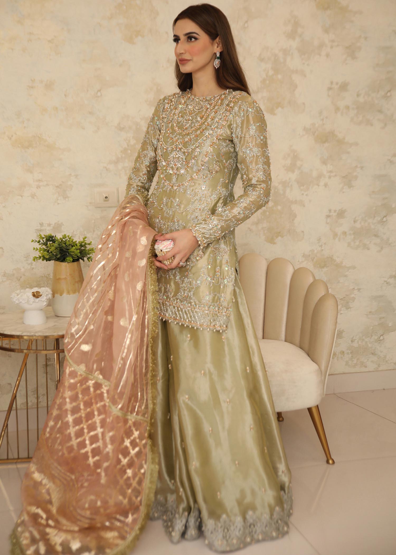 Pistachio Green Embellished Tissue Sharara Set (3-Piece) - Image 3