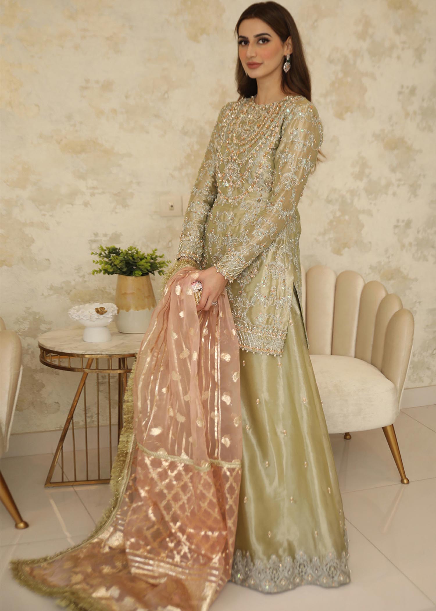 Pistachio Green Embellished Tissue Sharara Set (3-Piece) - Image 5