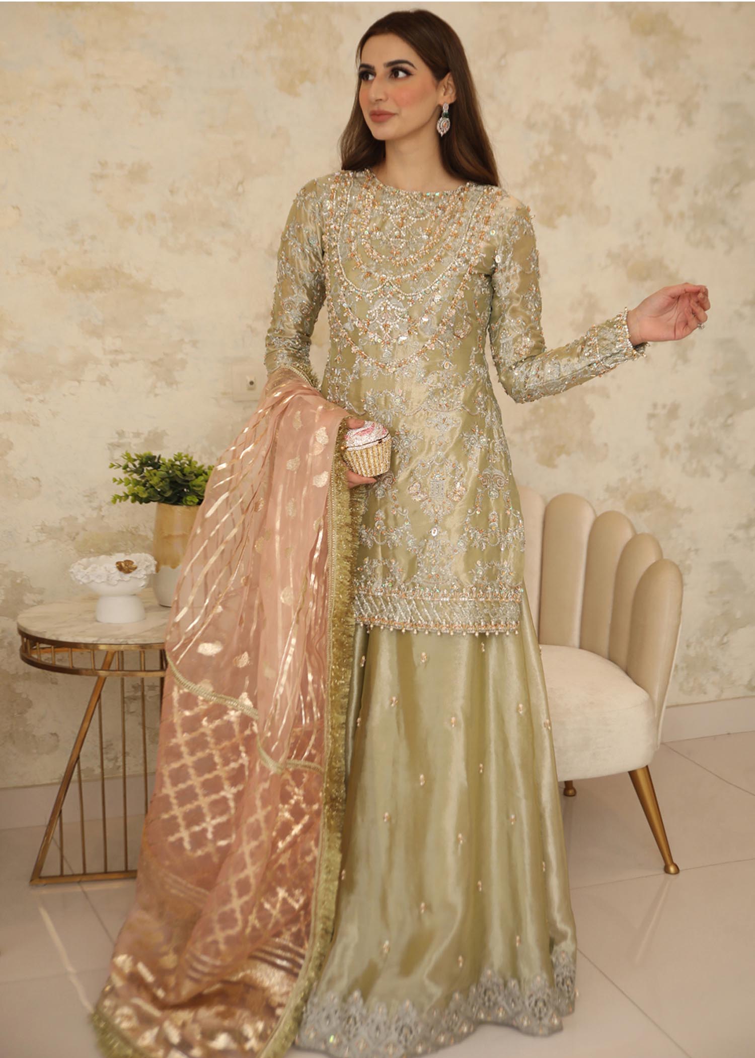 Pistachio Green Embroidered Tissue Sharara Set (3-Piece) - Image 1