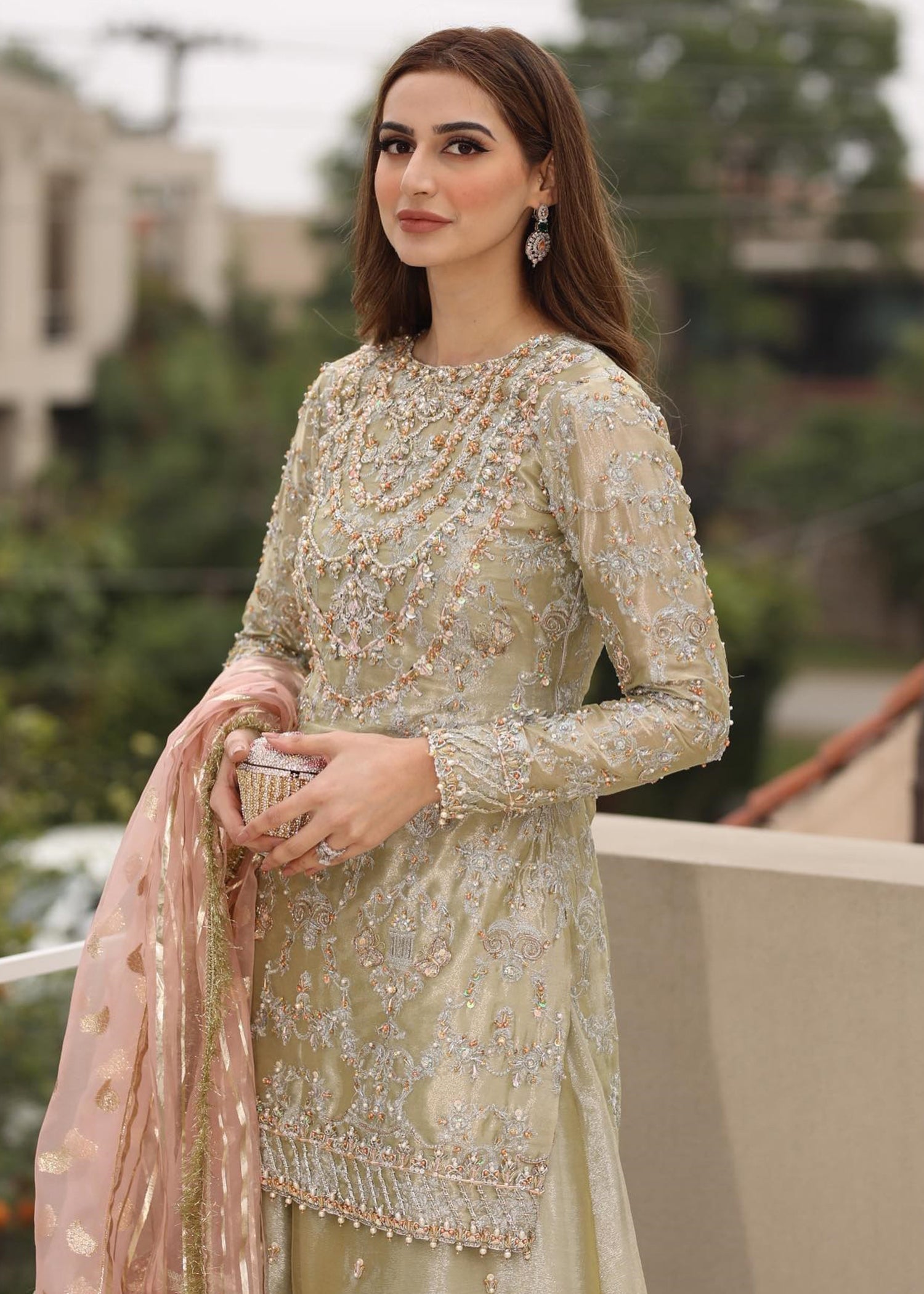 Pistachio Green Embroidered Tissue Sharara Set (3-Piece) - Image 4