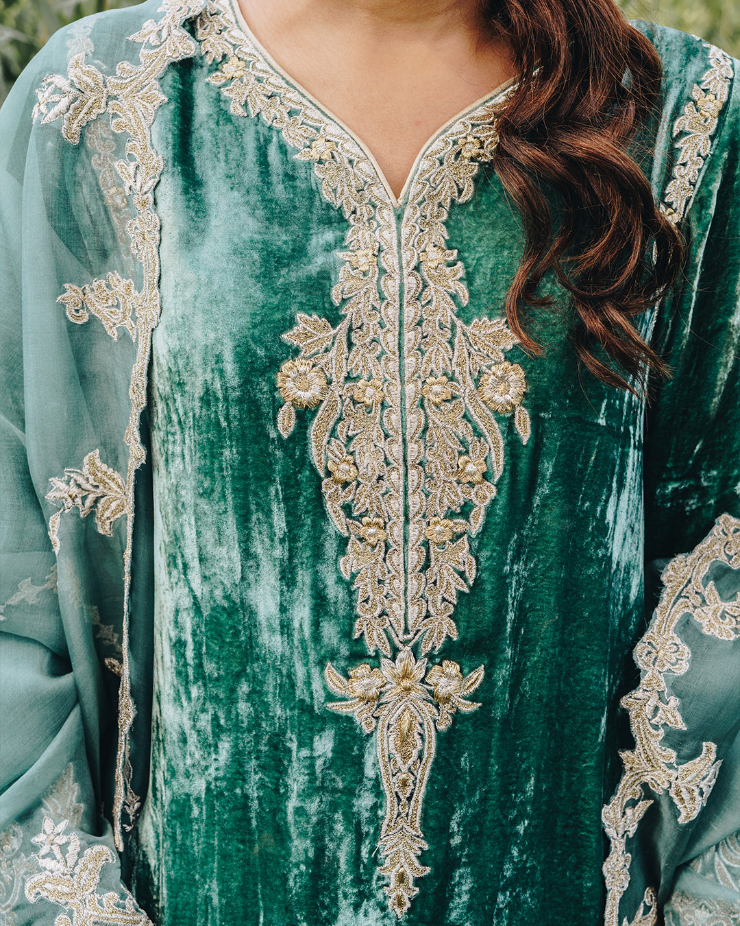 Emerald Green Embroidered Velvet Sharara (3-Piece) - Image 5