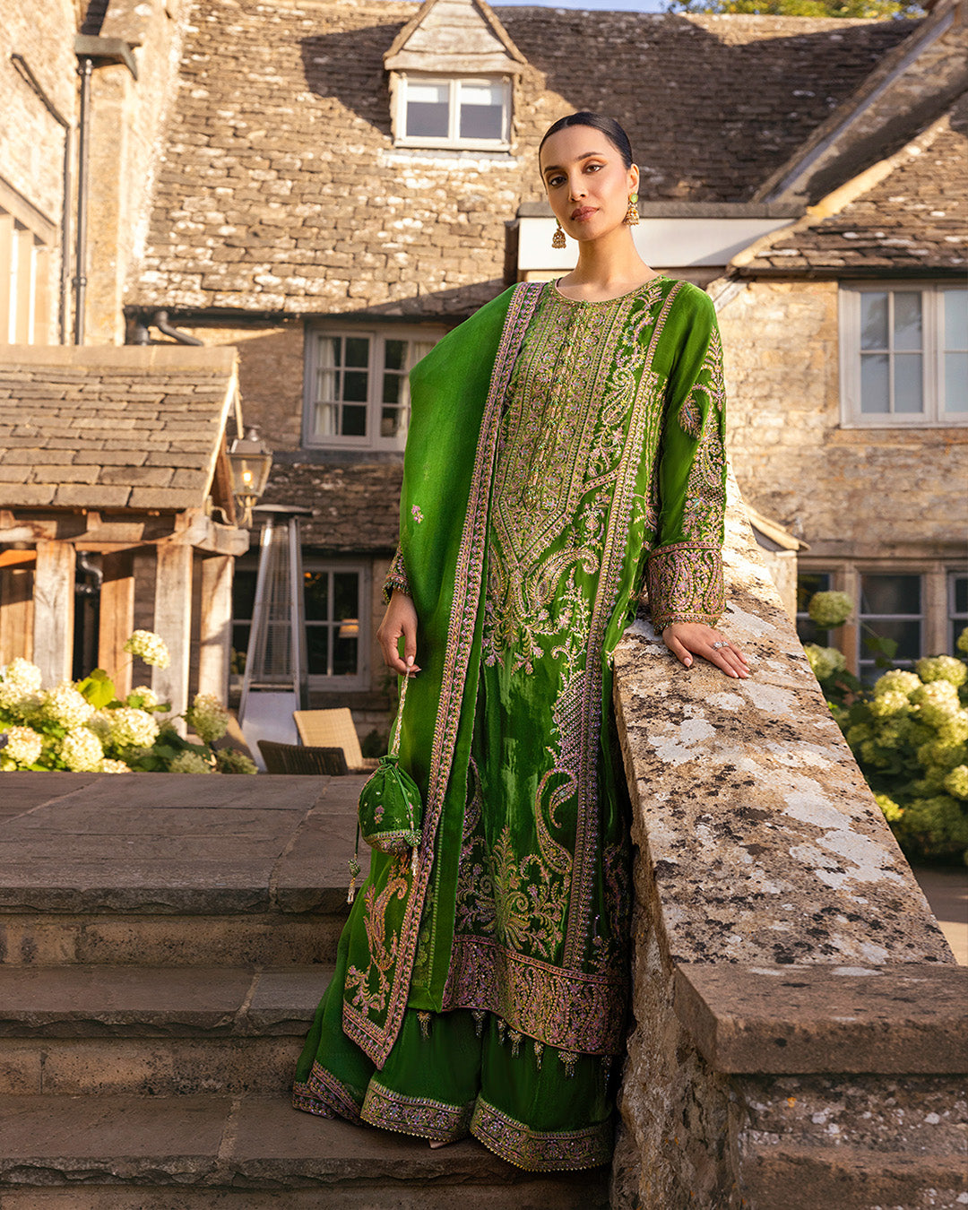 Grass Green Embroidered Velvet Sharara (3-Piece) - Image 1