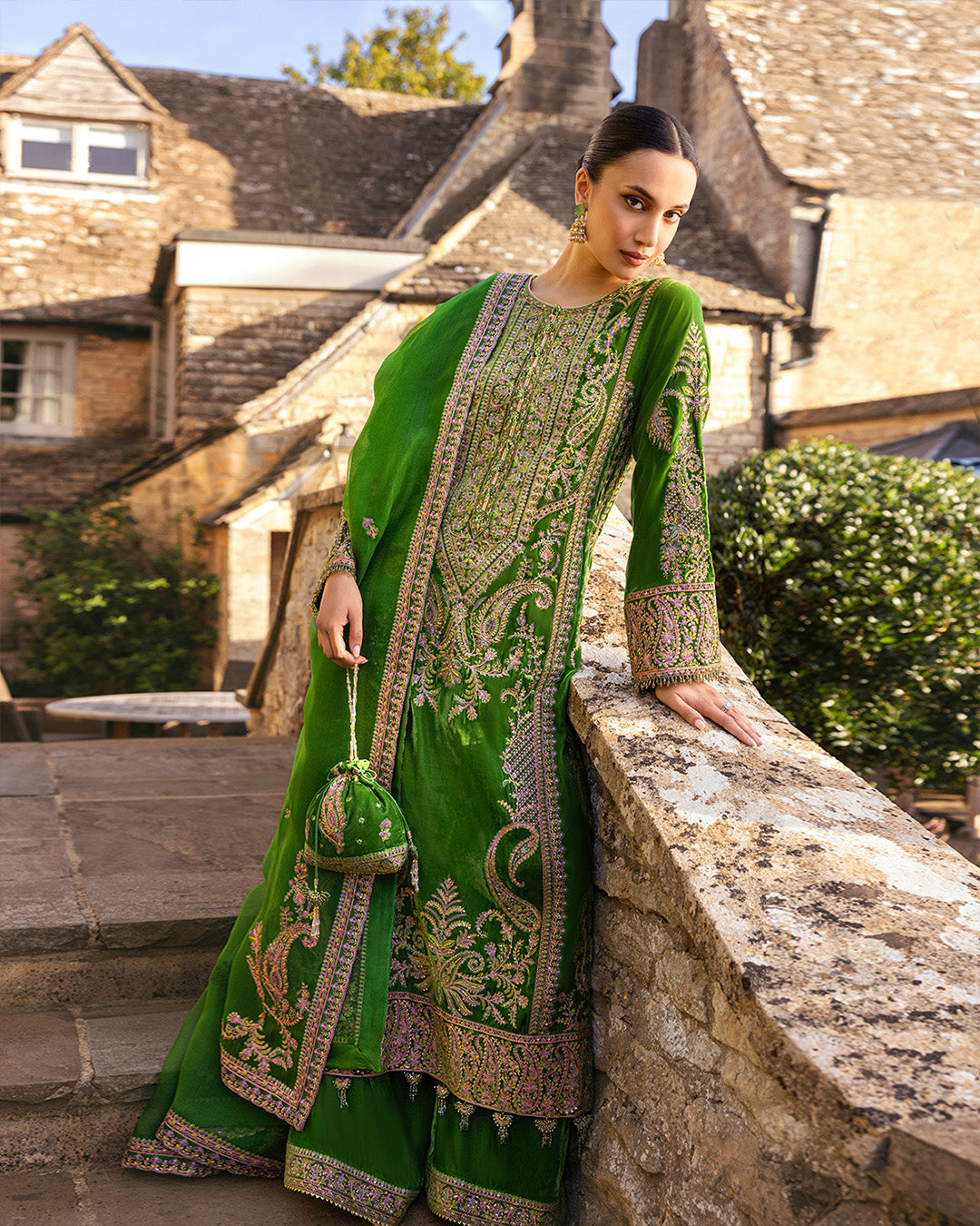 Grass Green Embroidered Velvet Sharara (3-Piece) - Image 6