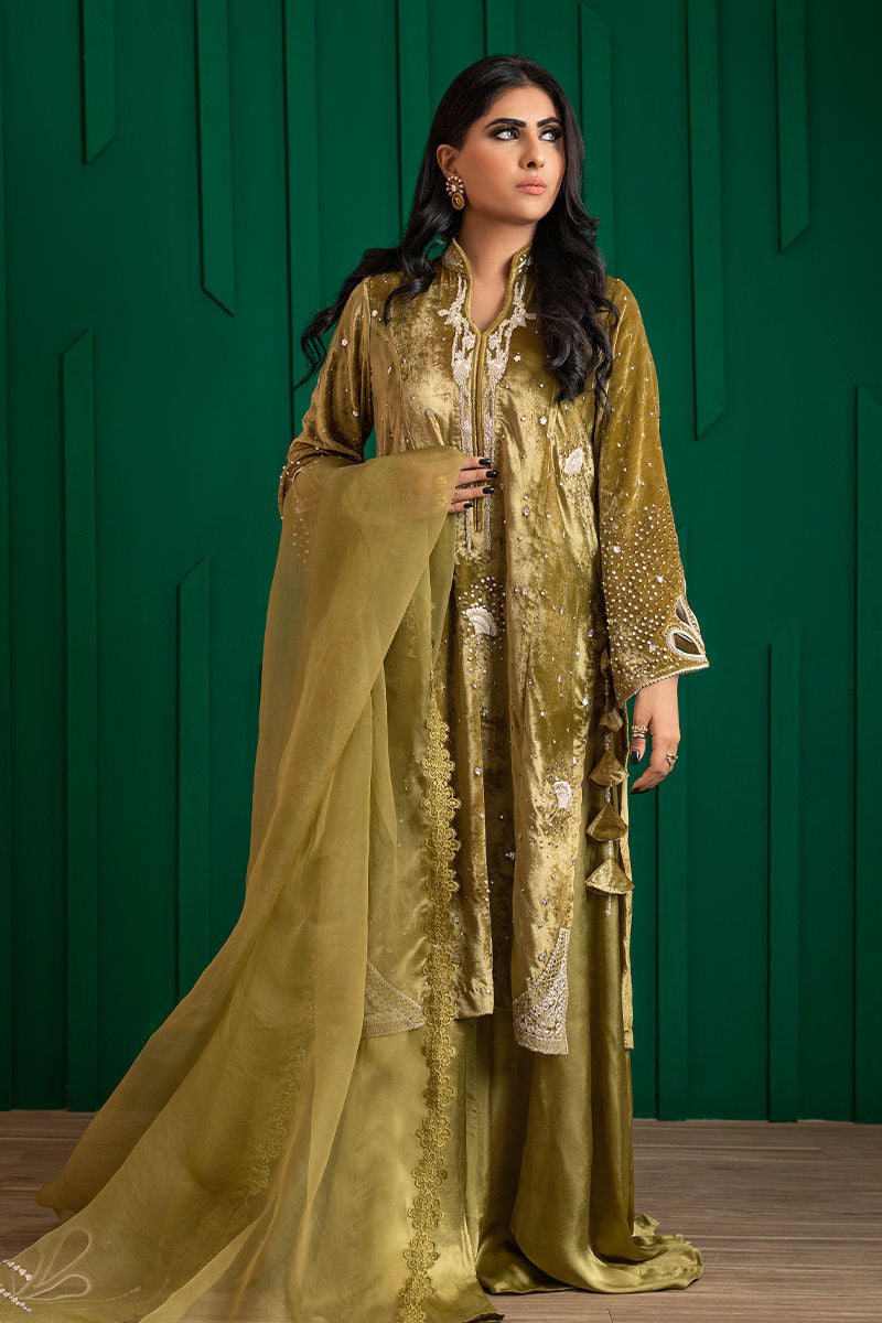 Olive Green Embroidered Velvet & Organza Sharara (3-Piece) - Image 4