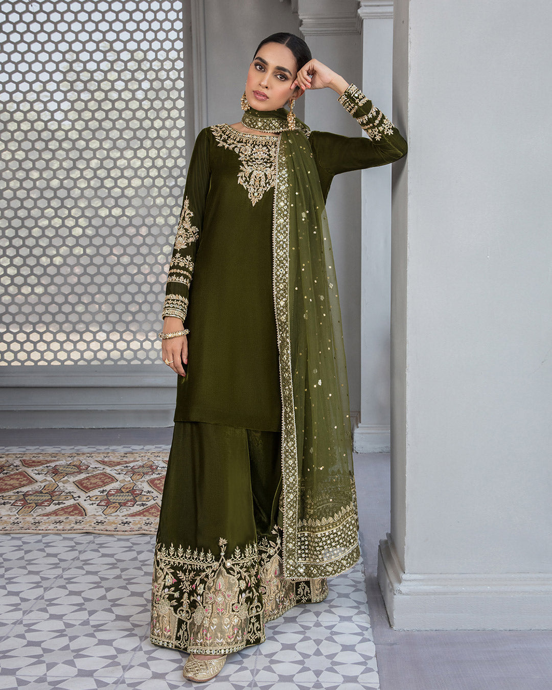 Pakistani Moss Green Embellished Velvet Sharara Set (3-Piece) - Image 3