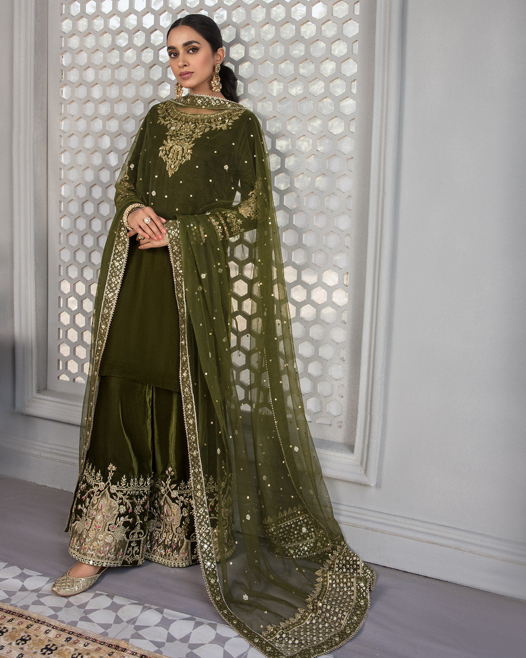 Pakistani Moss Green Embellished Velvet Sharara Set (3-Piece) - Image 5