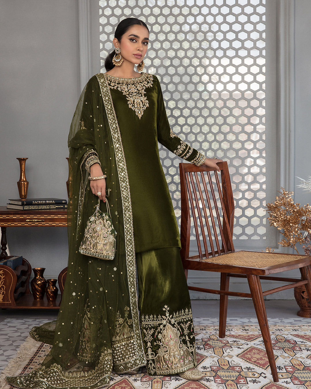 Moss Green Embellished Velvet Sharara (3-Piece) - Image 1