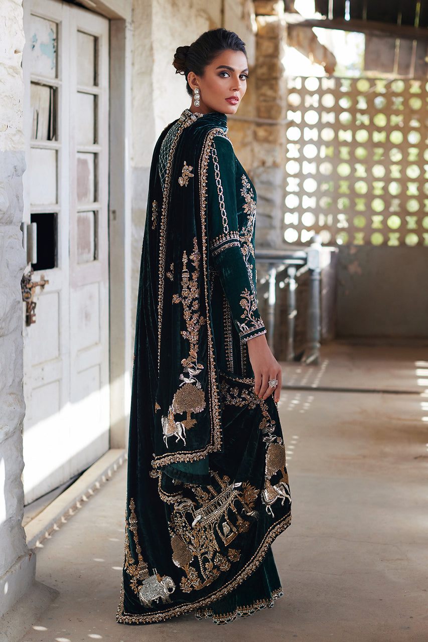 Dark Green Hand-Embroidered Velvet Sharara (3-Piece) - Image 2