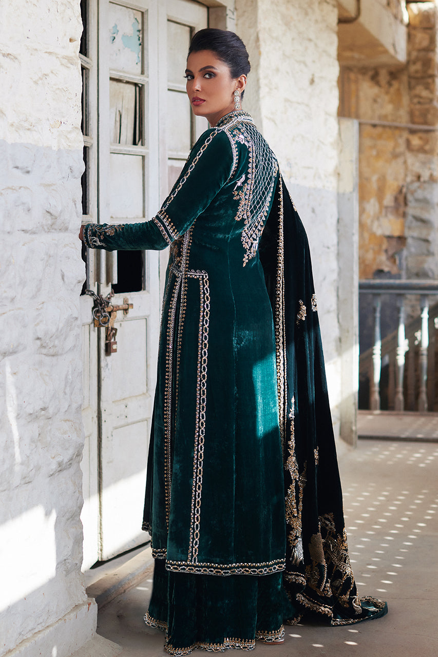 Dark Green Hand-Embroidered Velvet Sharara (3-Piece) - Image 3