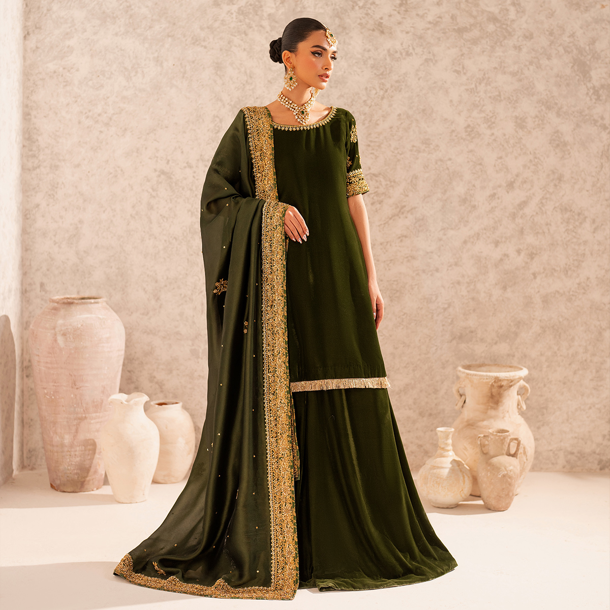 Pakistani Deep Green Hand-Embellished French Velvet Sharara (3-Piece) - Image 1