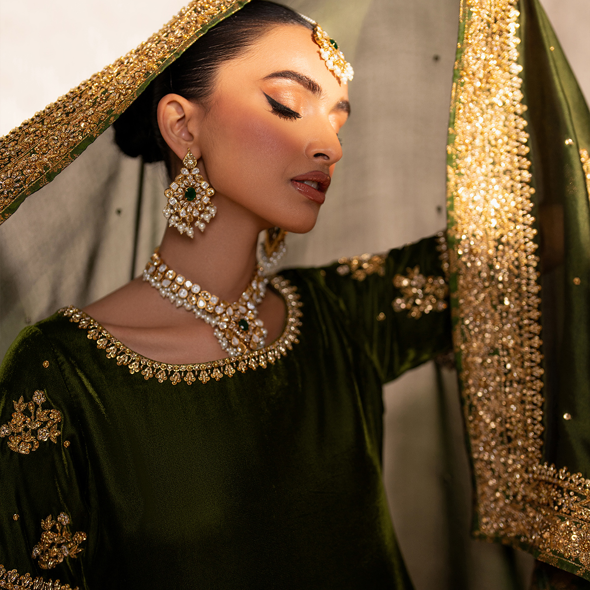 Pakistani Deep Green Hand-Embellished French Velvet Sharara (3-Piece) - Image 10