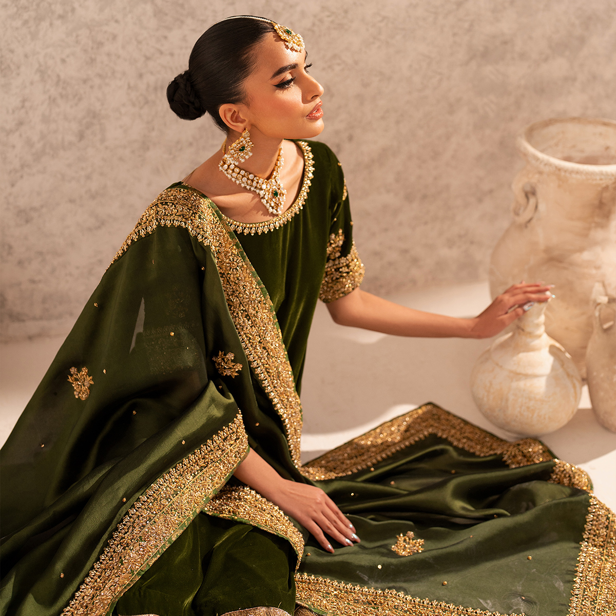 Pakistani Deep Green Hand-Embellished French Velvet Sharara (3-Piece) - Image 2
