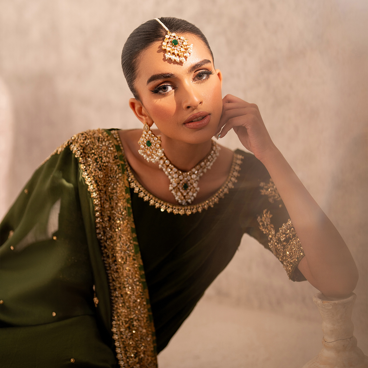 Pakistani Deep Green Hand-Embellished French Velvet Sharara (3-Piece) - Image 3