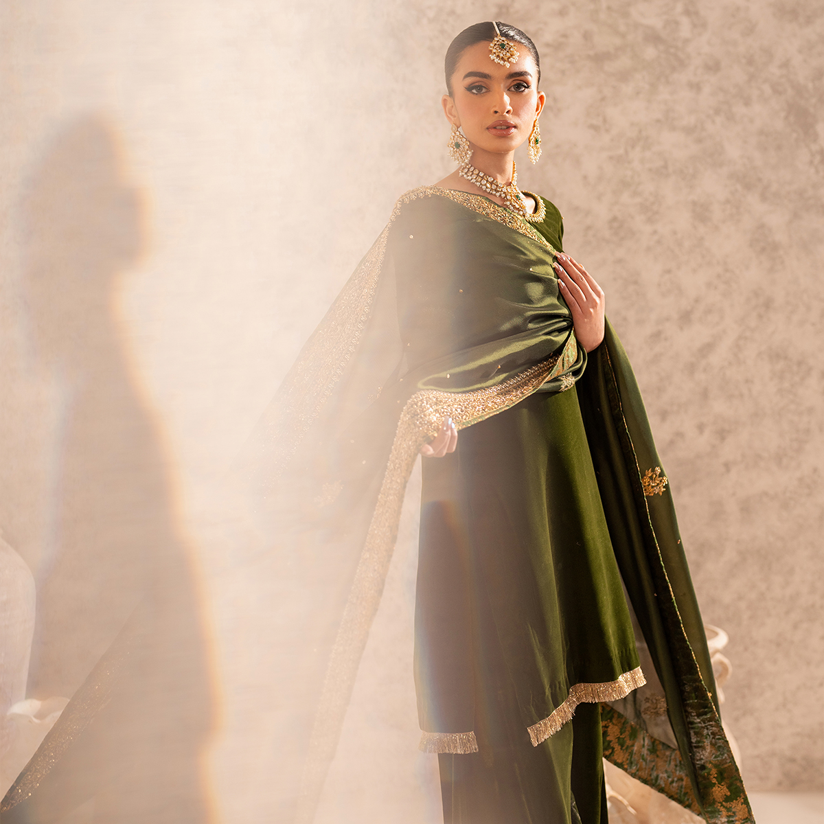 Pakistani Deep Green Hand-Embellished French Velvet Sharara (3-Piece) - Image 4