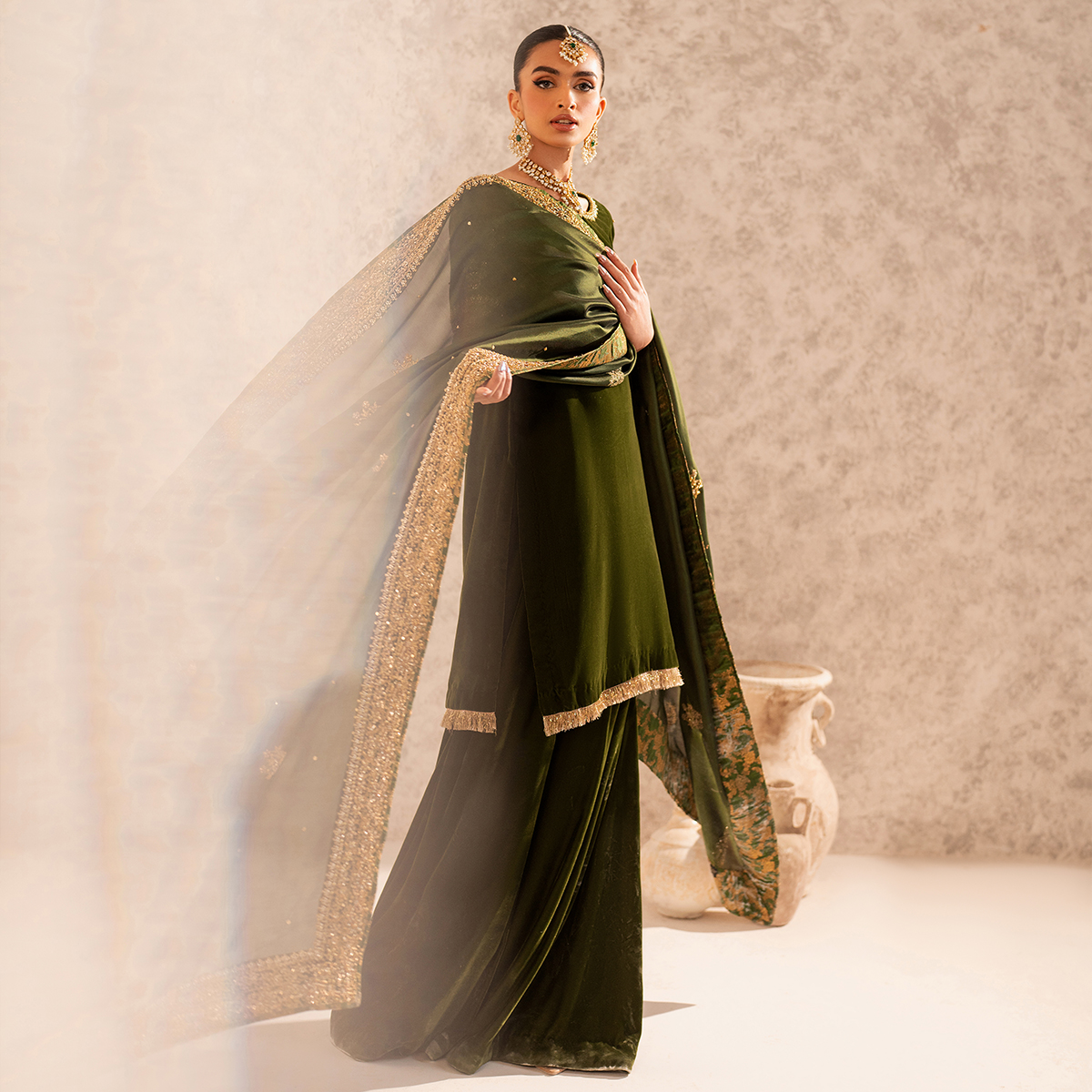 Pakistani Deep Green Hand-Embellished French Velvet Sharara (3-Piece) - Image 5