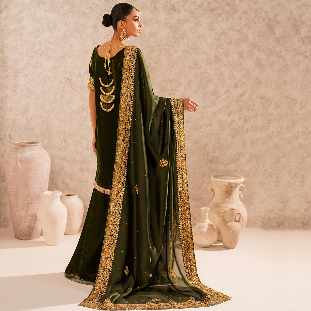 Pakistani Deep Green Hand-Embellished French Velvet Sharara (3-Piece) - Image 6