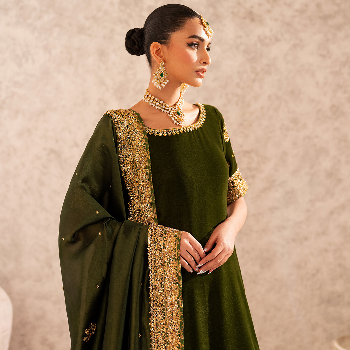 Pakistani Deep Green Hand-Embellished French Velvet Sharara (3-Piece) - Image 7