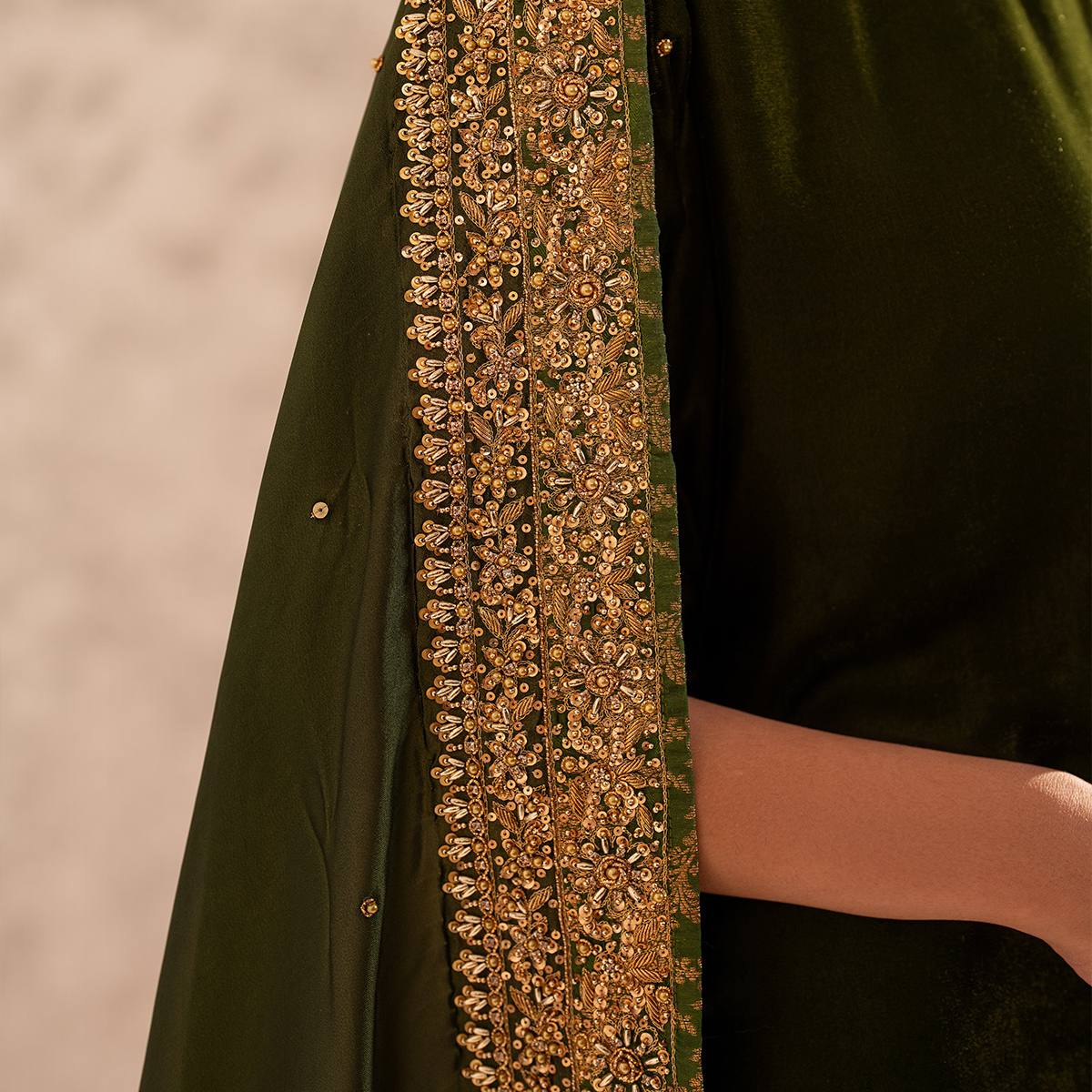 Pakistani Deep Green Hand-Embellished French Velvet Sharara (3-Piece) - Image 8