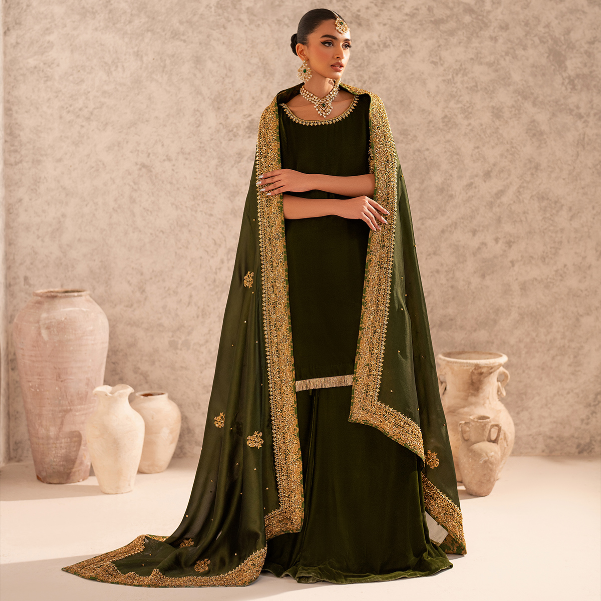 Pakistani Deep Green Hand-Embellished French Velvet Sharara (3-Piece) - Image 9