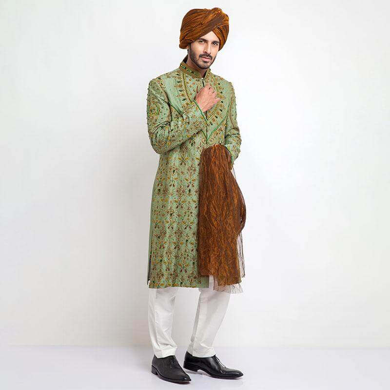 Dark Pistachio Green Zardozi Jamavar Silk Sherwani (3-Piece) - Image 1