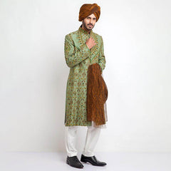 Dark Pistachio Green Zardozi Jamavar Silk Sherwani (3-Piece) - Image 2