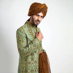 Dark Pistachio Green Zardozi Jamavar Silk Sherwani (3-Piece) - Image 3