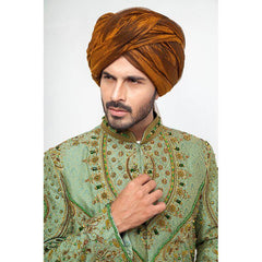 Dark Pistachio Green Zardozi Jamavar Silk Sherwani (3-Piece) - Image 4