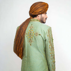 Dark Pistachio Green Zardozi Jamavar Silk Sherwani (3-Piece) - Image 5