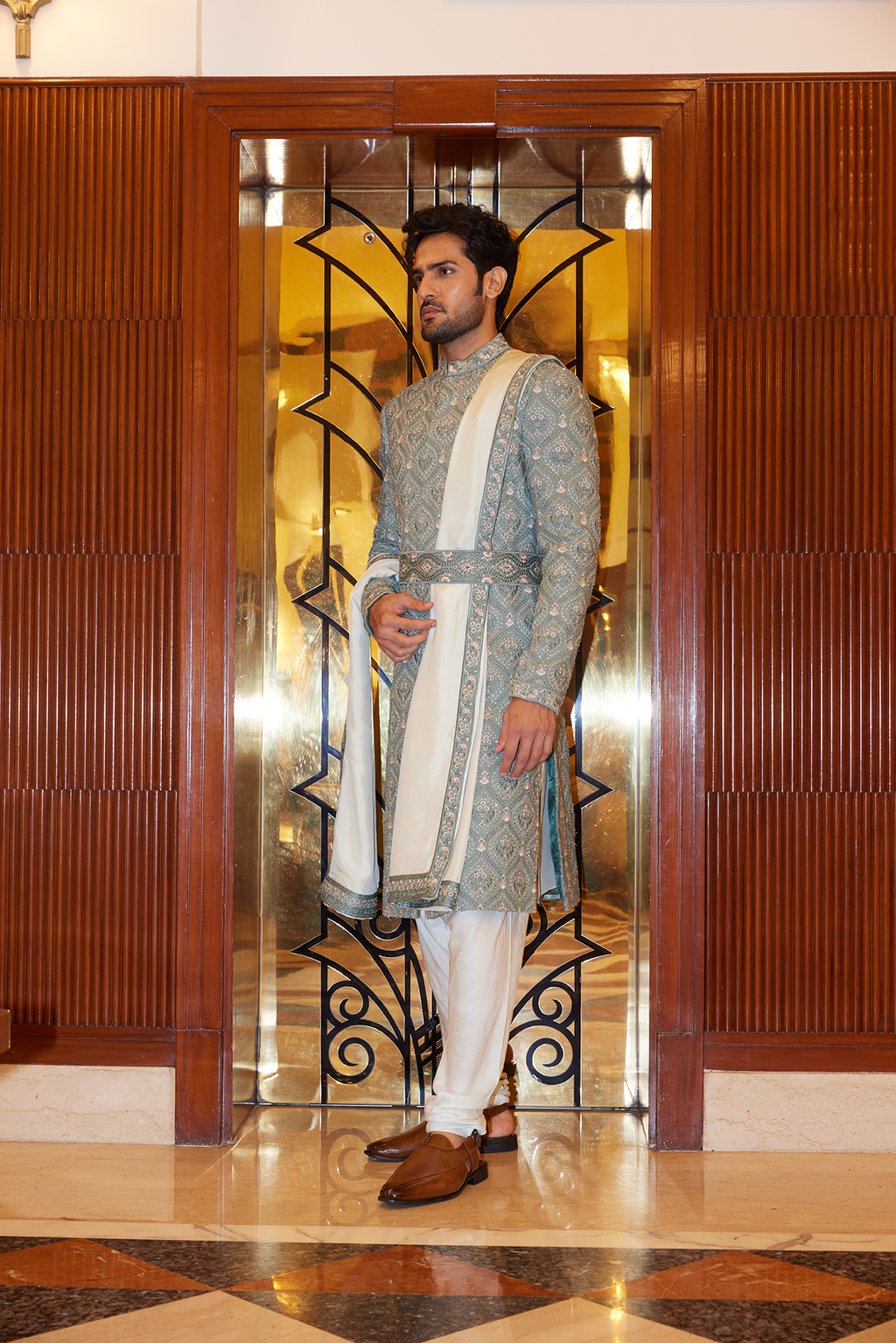 Sage Green Embroidered Matka Silk Sherwani (5-Piece) - Image 1