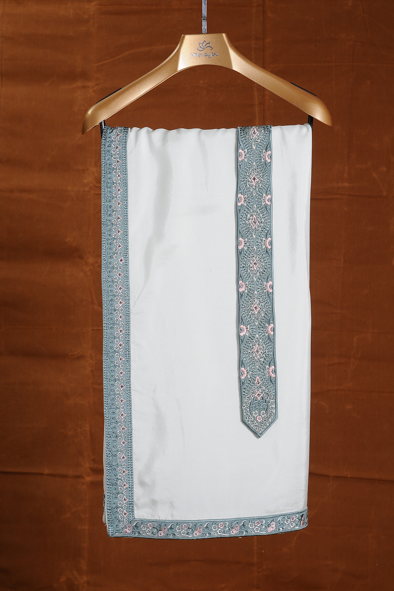 Sage Green Embroidered Matka Silk Sherwani (5-Piece) - Image 5