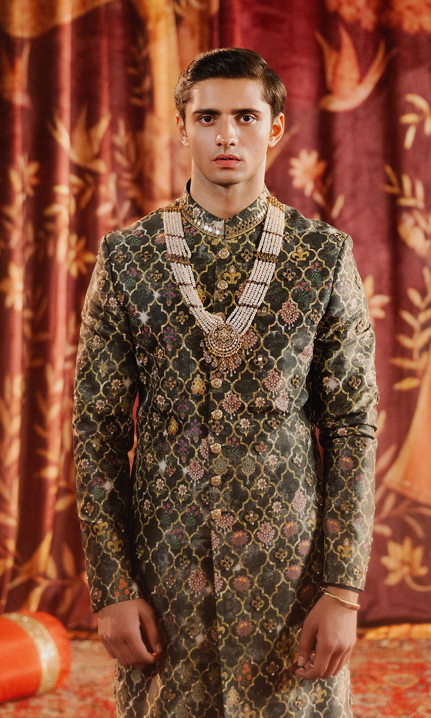 Multi-Toned Mirror Detailed Raw Silk Sherwani (2-Piece) - Image 1