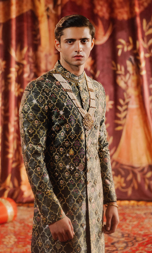 Multi-Toned Mirror Detailed Raw Silk Sherwani (2-Piece) - Image 3
