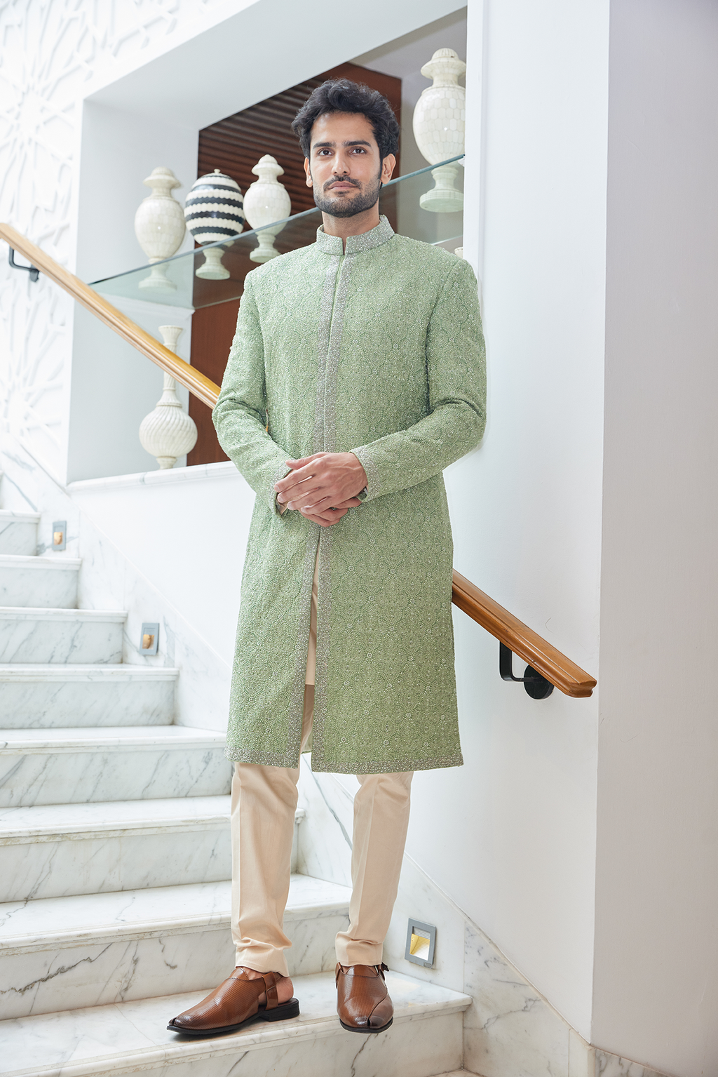 Mint Green Embroidered Raw Silk Sherwani (3-Piece) - Image 1