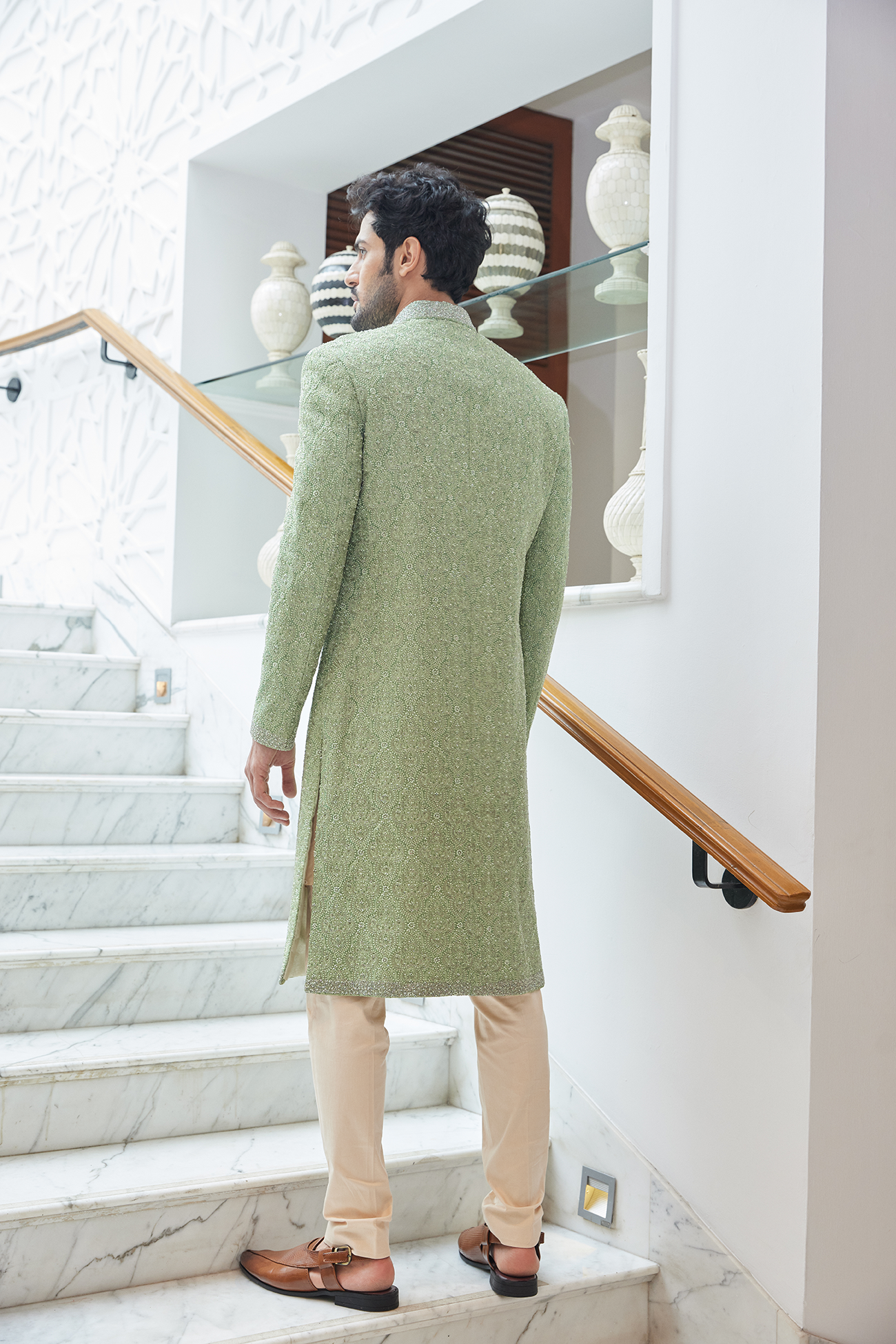 Mint Green Embroidered Raw Silk Sherwani (3-Piece) - Image 3