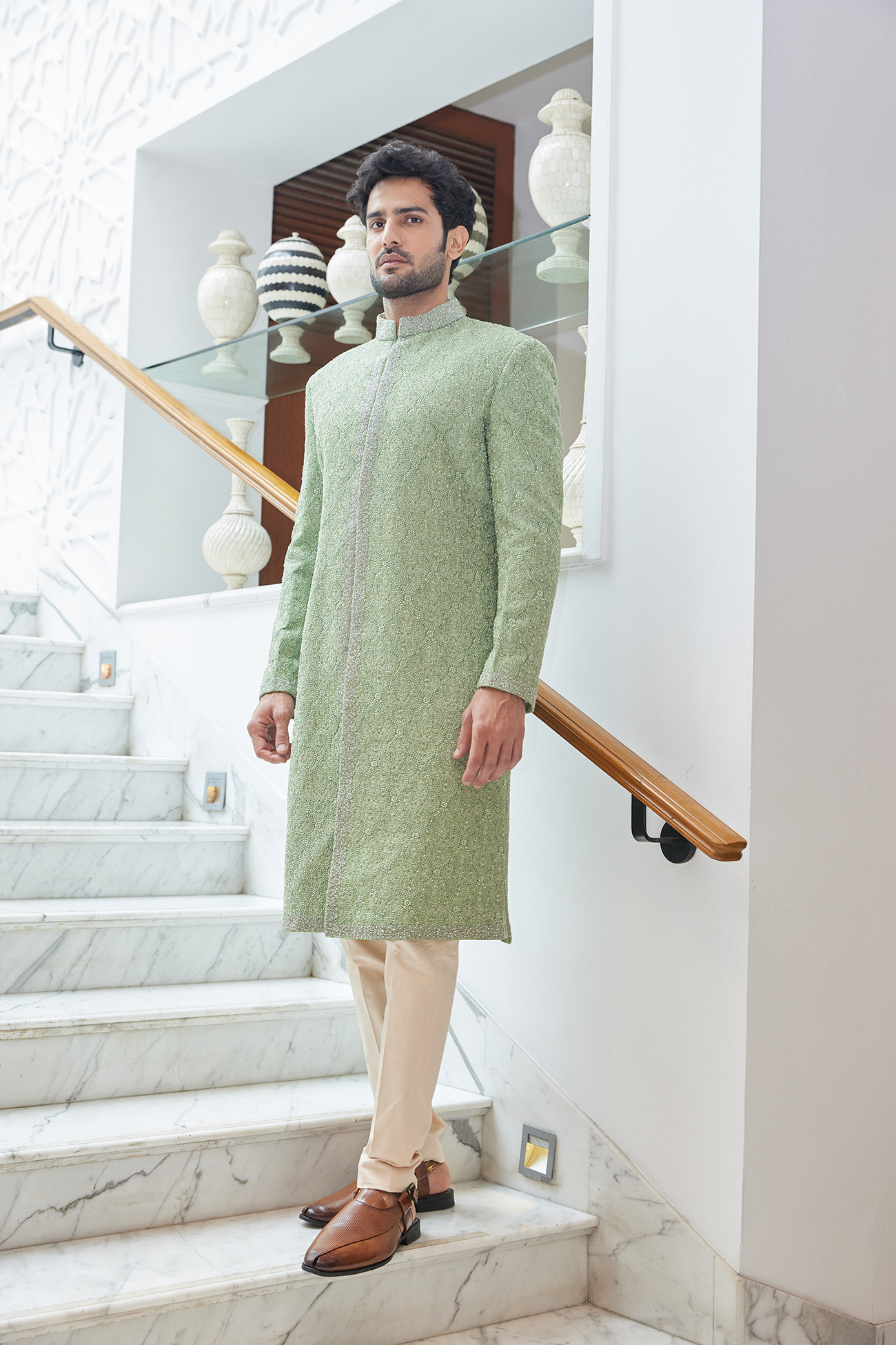 Mint Green Embroidered Raw Silk Sherwani (3-Piece) - Image 4