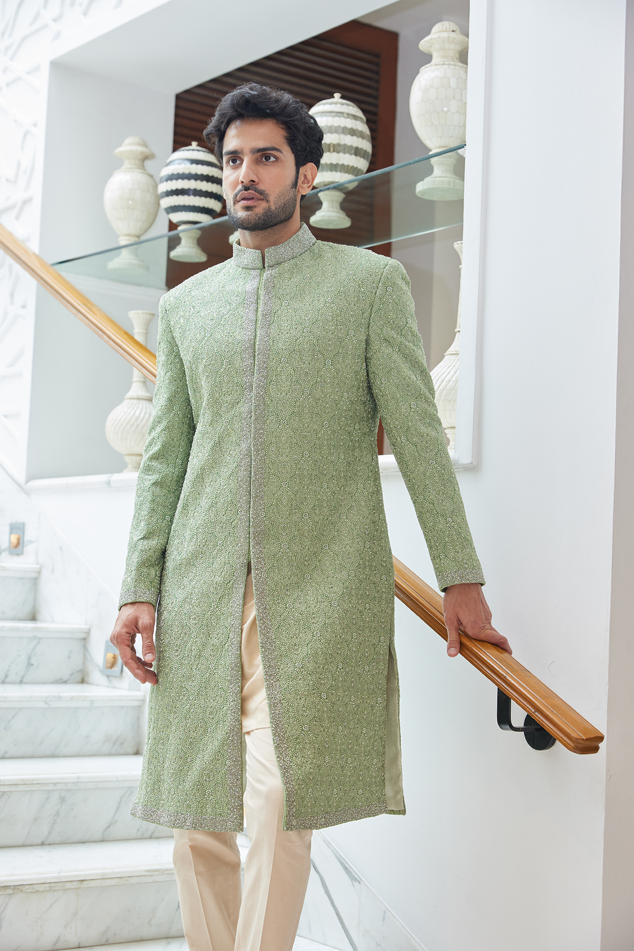 Mint Green Embroidered Raw Silk Sherwani (3-Piece) - Image 5