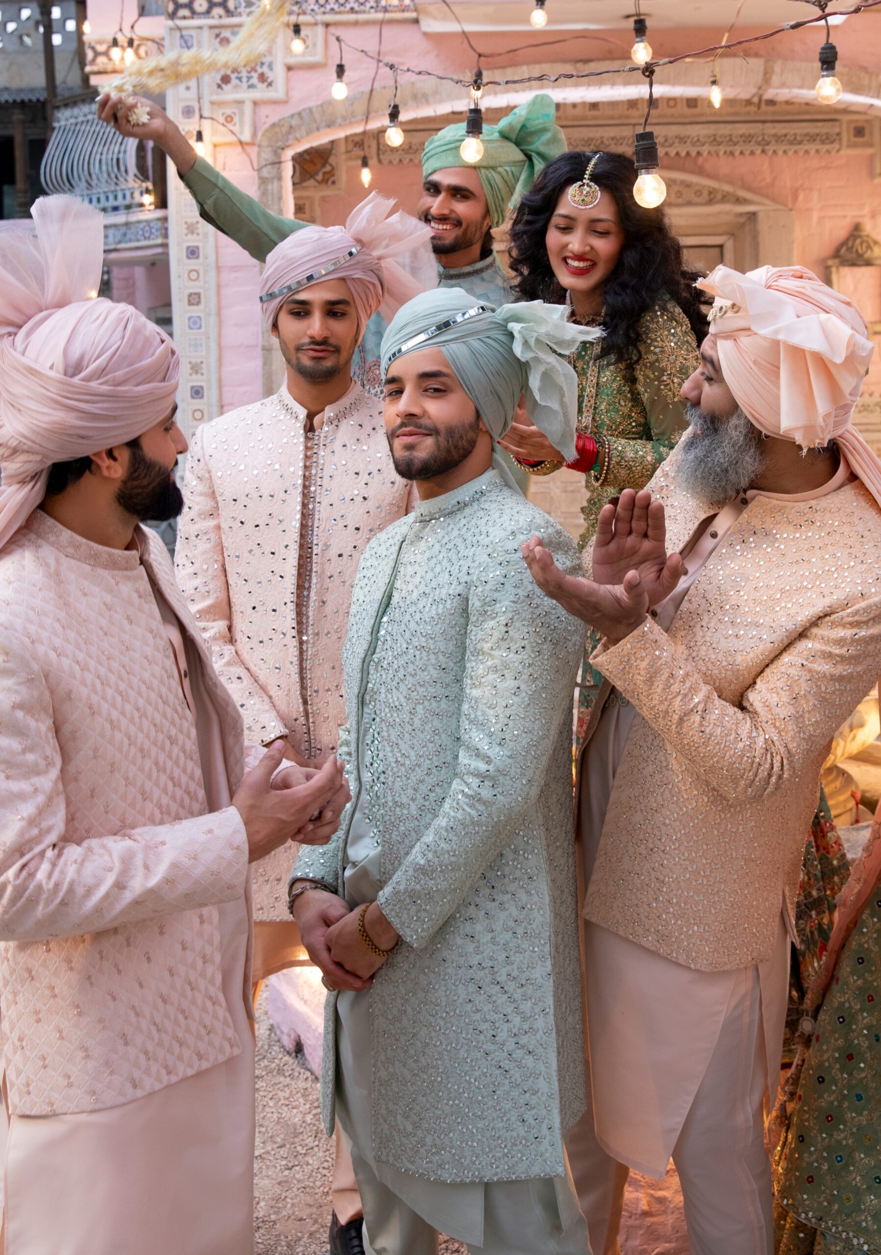 Mint Green Mirror Embroidered Silk-Blend Sherwani (2-Piece) - Image 1