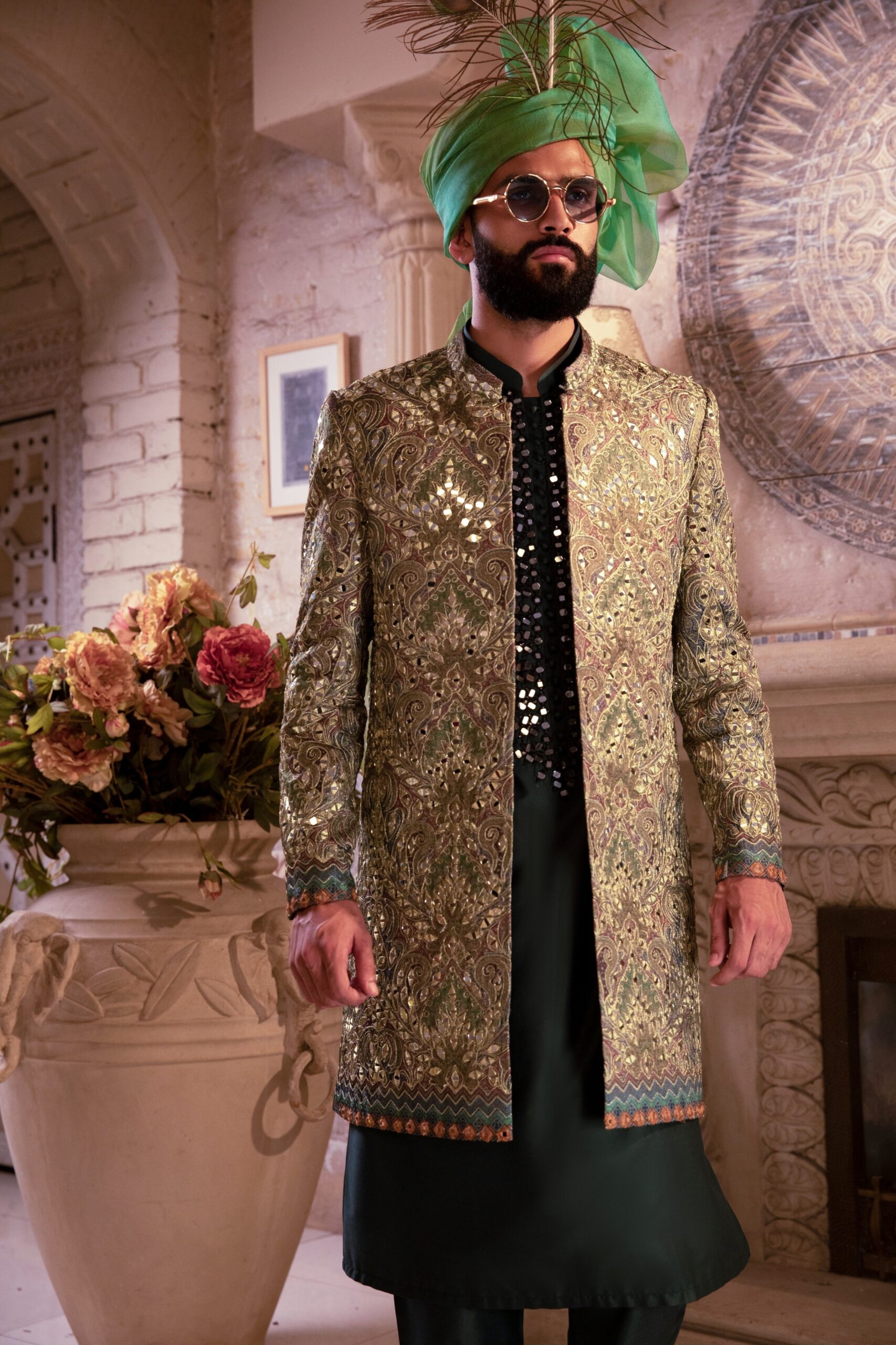 Olive Green Mirror Embroidered Silk-Blend Sherwani (2-Piece) - Image 1
