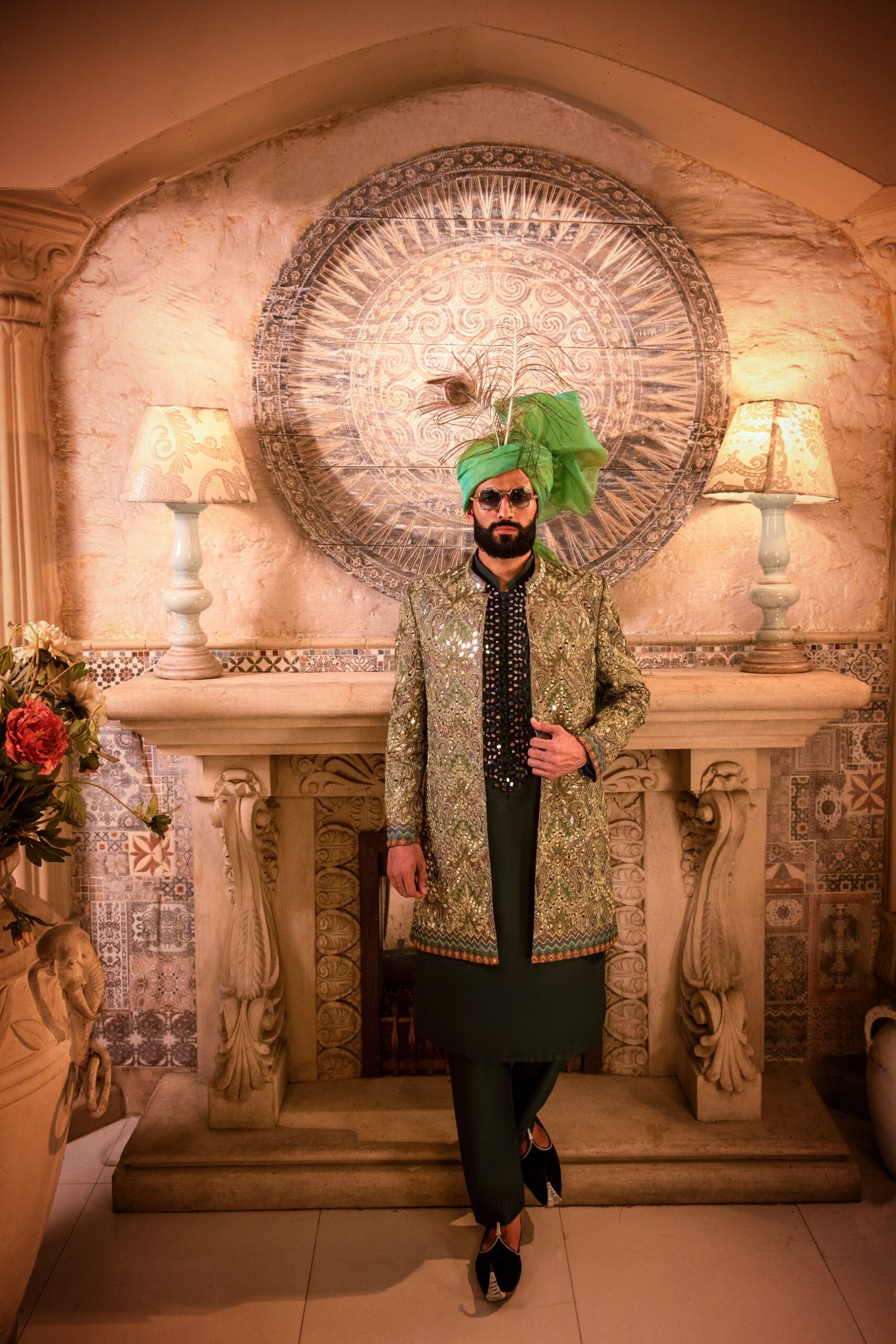 Olive Green Mirror Embroidered Silk-Blend Sherwani (2-Piece) - Image 2