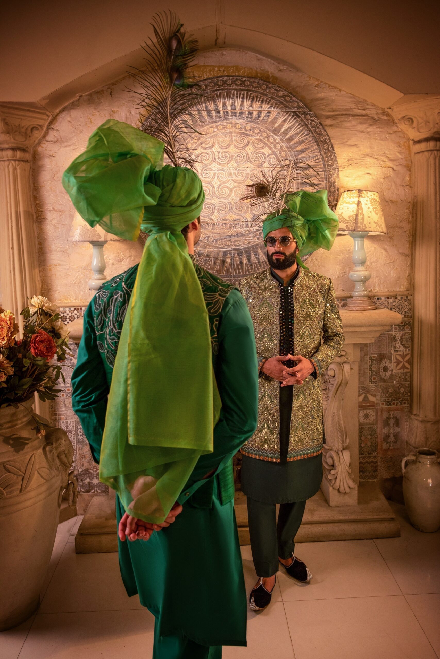 Olive Green Mirror Embroidered Silk-Blend Sherwani (2-Piece) - Image 3