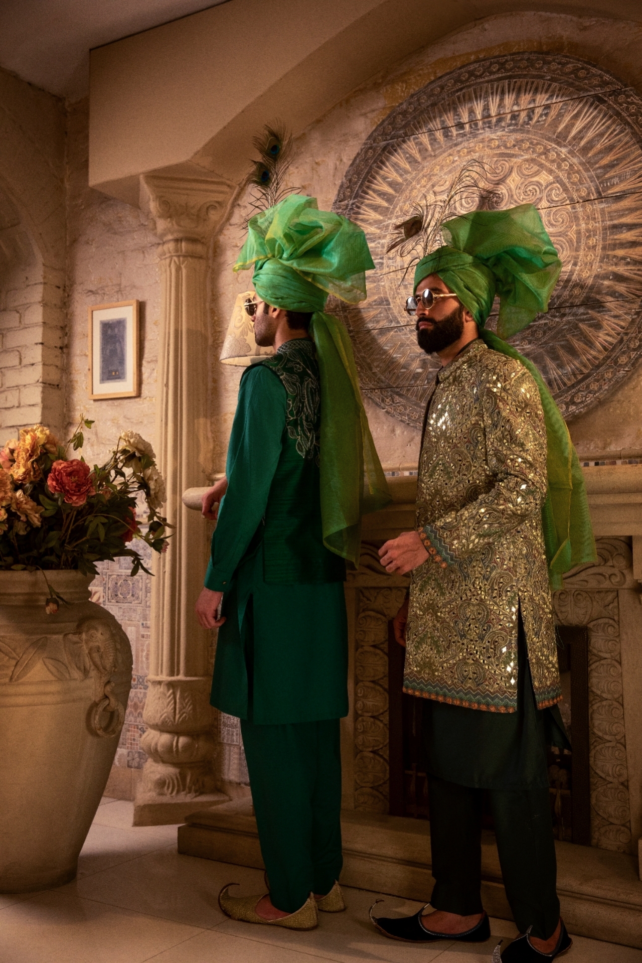 Olive Green Mirror Embroidered Silk-Blend Sherwani (2-Piece) - Image 5