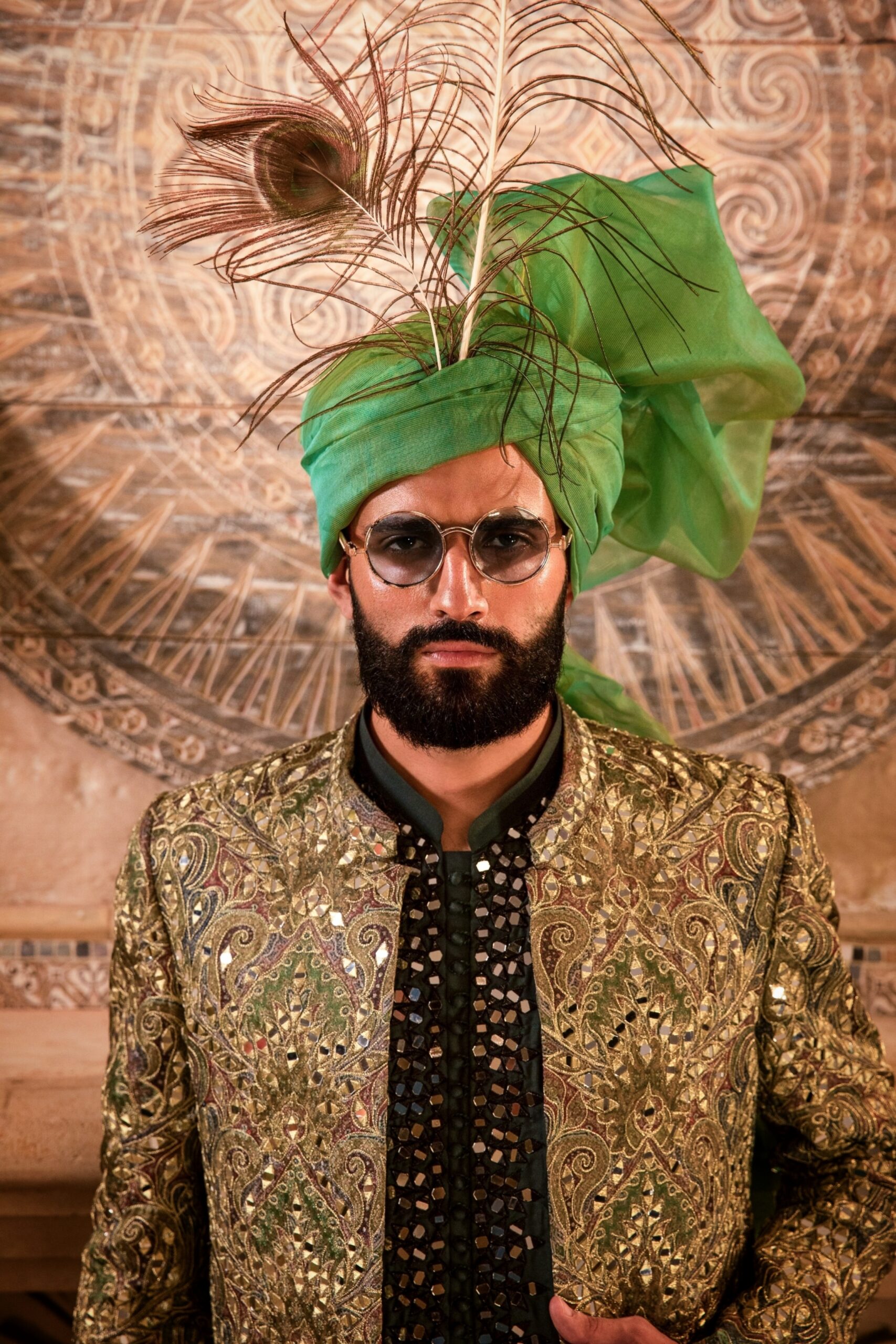 Olive Green Mirror Embroidered Silk-Blend Sherwani (2-Piece) - Image 6