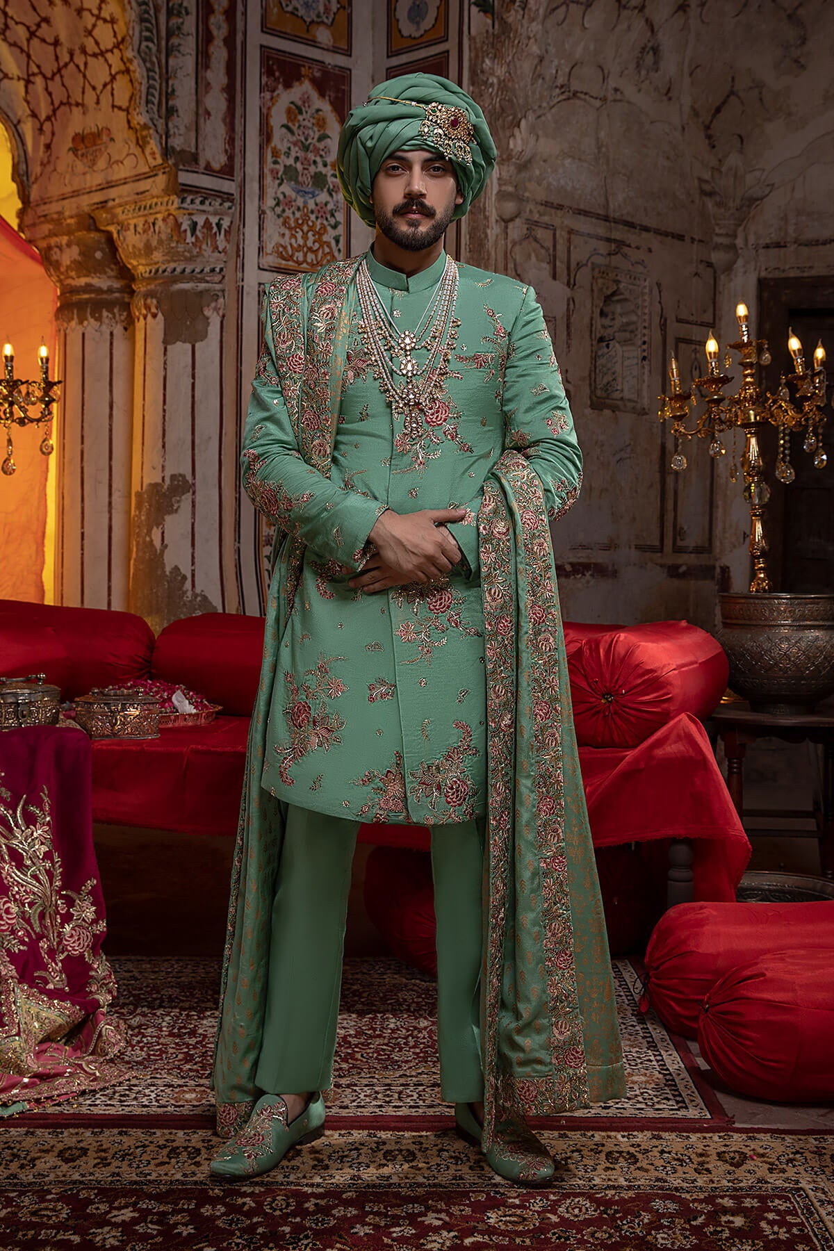 Mint Green Embroidered Silk Sherwani (3-Piece) - Image 1