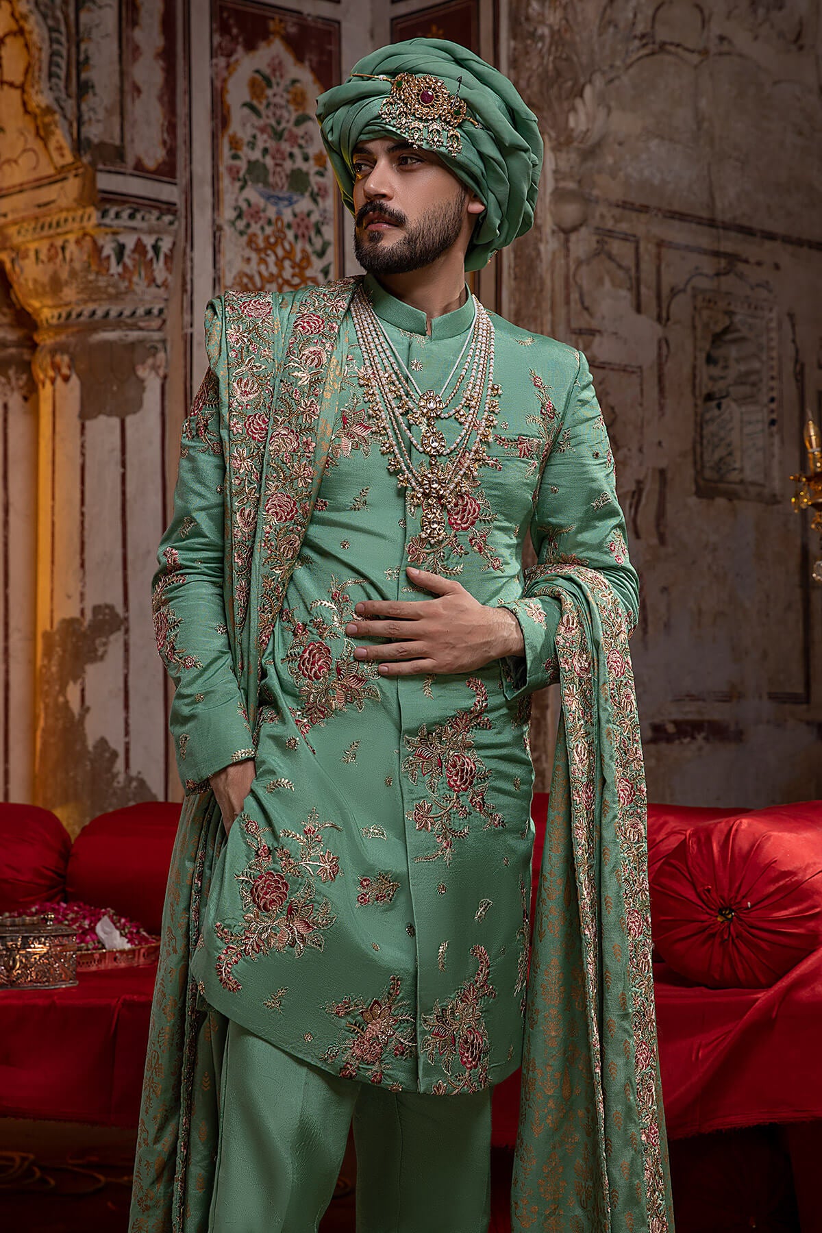 Mint Green Embroidered Silk Sherwani (3-Piece) - Image 2