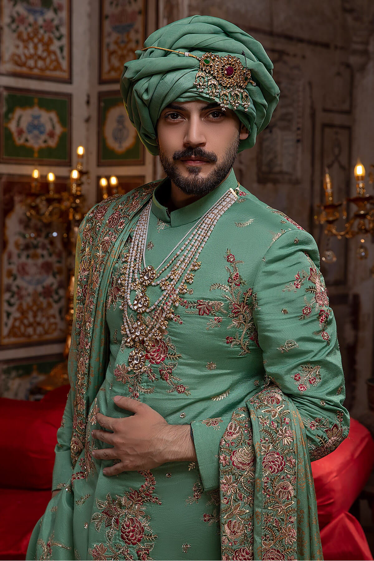 Mint Green Embroidered Silk Sherwani (3-Piece) - Image 3