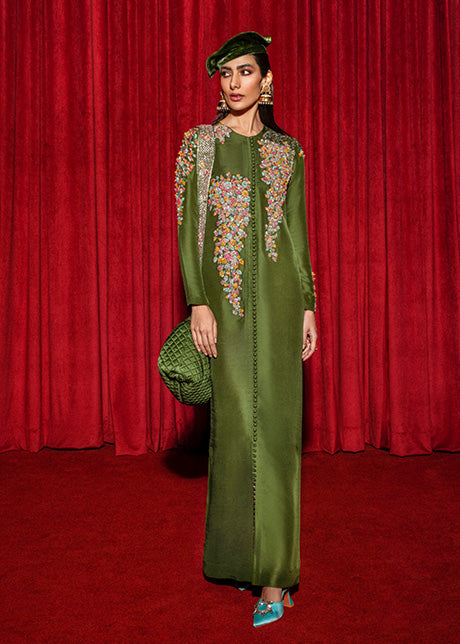 Olive Green Cut Dana Raw Silk Long Shirt (1-Pc) - Image 1